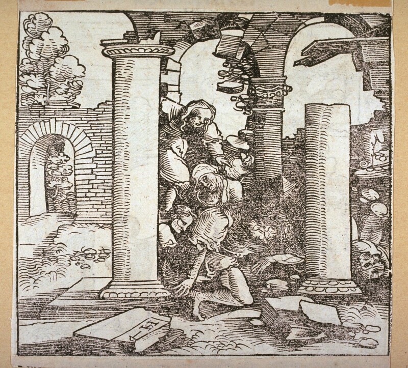 Samson destroying the temple (front); and The Angel stopping Jacob from ...